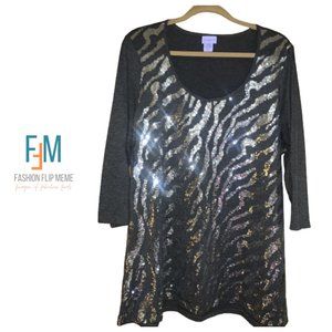 New! Jaclyn Smith Vintage 3/4 Sleeve Sequin Front Scoop Neck Knit Tunic Top 2X